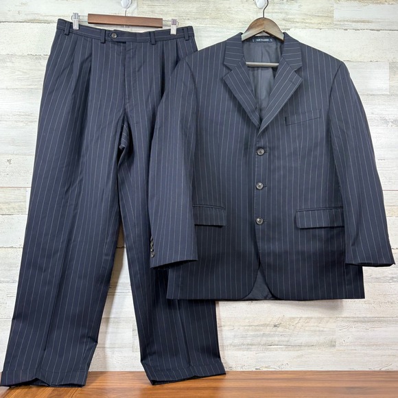 Chaps Mens Navy Blue Pinstripe 44R 33x31 Wool 3 Button 2 Pc Suit Pleated Pant